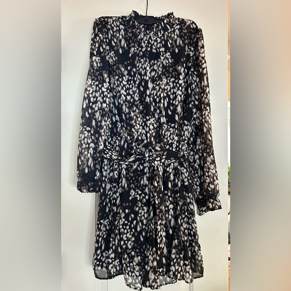 Elegant Black and White animal Patterned belted Dress